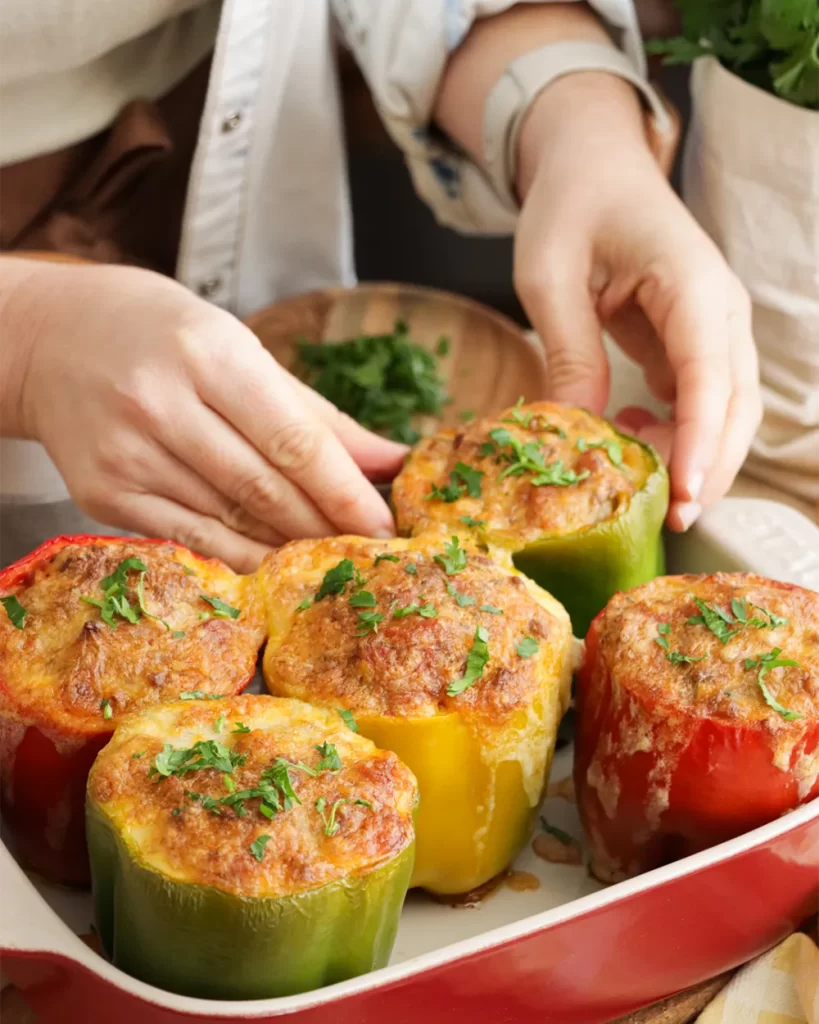 morrones rellenos al horno con queso gratinado